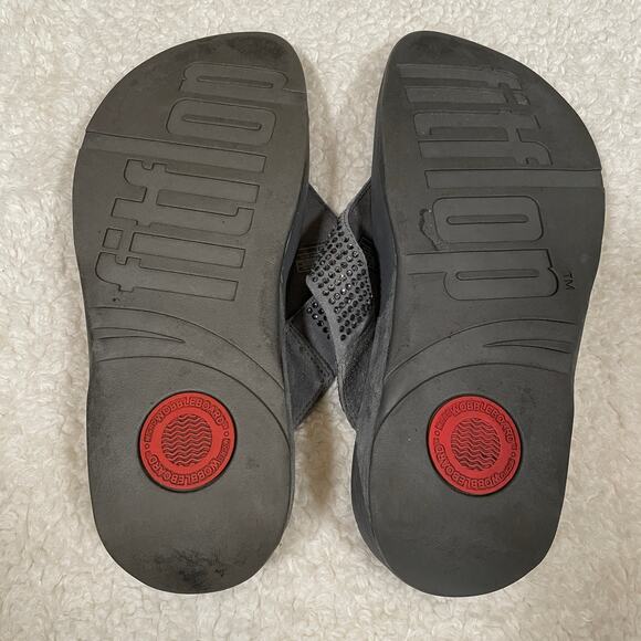 FitFlop Rokkit Thong Sandals Rhinestones Suede Gray Platform 9 - Picture 6 of 6